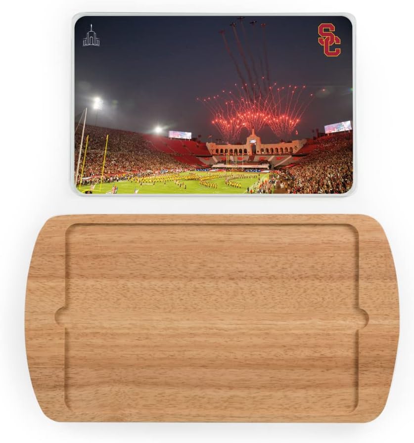 PICNIC TIME NCAA USC Trojans Billboard Glass Top Cheese Board, Serving Platter, Cheese Boards Charcuterie Boards, (Parawood)