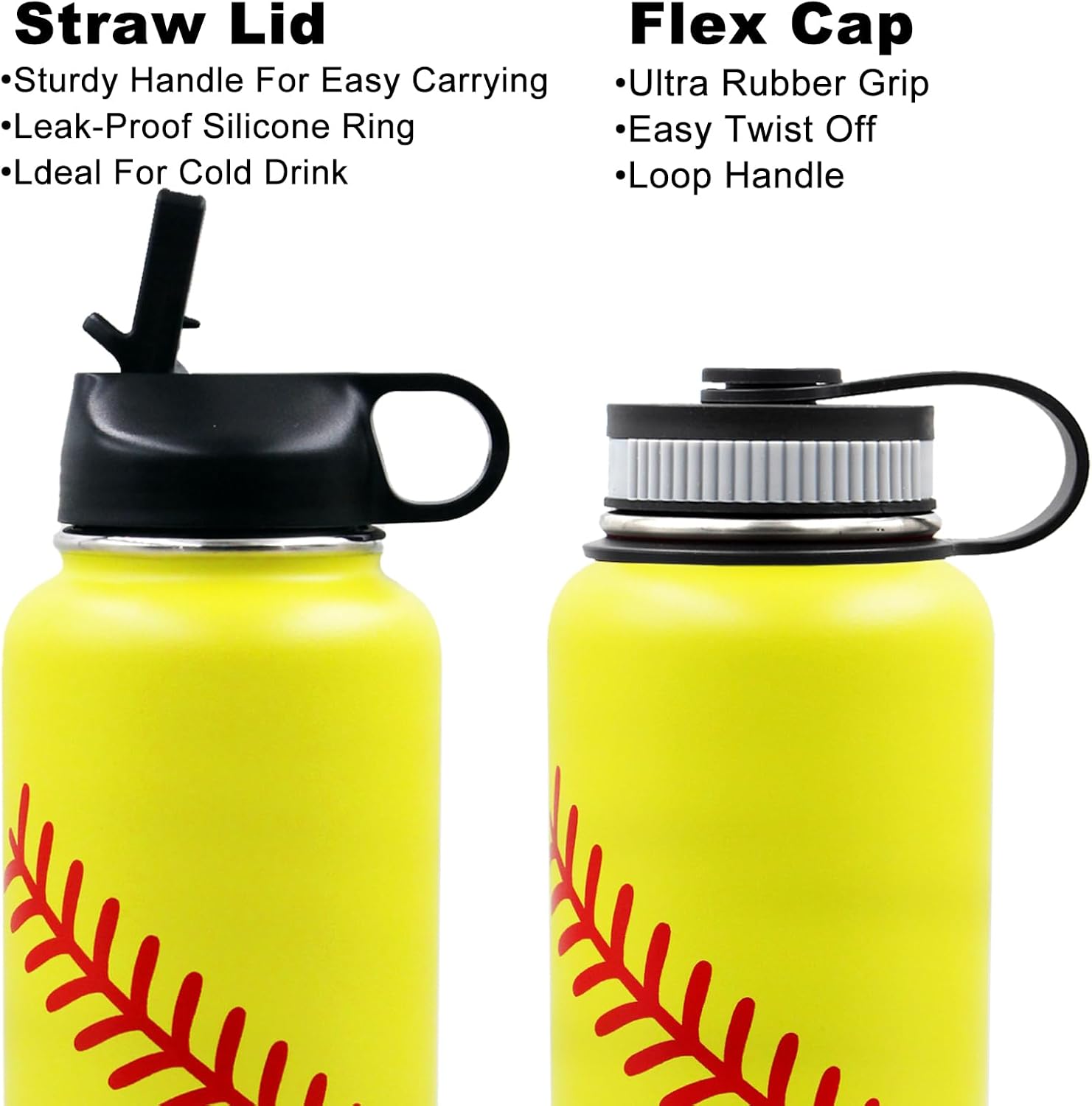 32 oz Softball Water Bottle, Wide Mouth Sports Flask Metal Travel Tumbler with 2 Lids, Stainless Steel Double Wall Vacuum Insulated Leak Proof Water Bottles, Softball Stuff Gifts for Mom Boys Girls - Image 3
