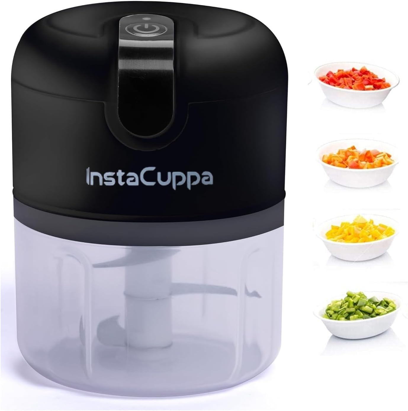 InstaCuppa Rechargeable Mini Electric Chopper, Stainless Steel Blades, One-Touch Operation, 1800 mAh Battery, USB C, Mince Meat, Cut Garlic, Ginger, Onion, Vegetables, Nuts, Black, 250 ML, 45 W