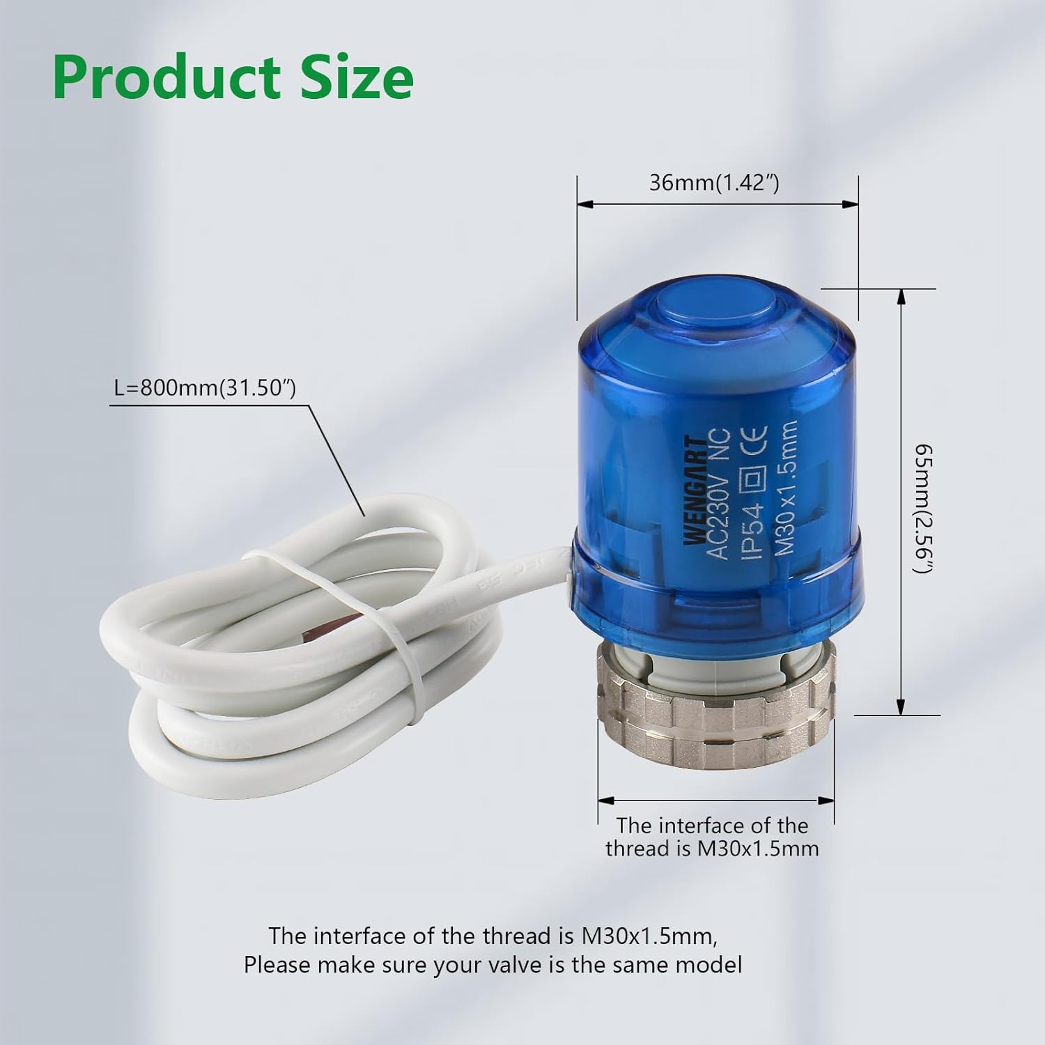 Diagram showing the dimensions of the Wengart WG02 Thermal Actuator