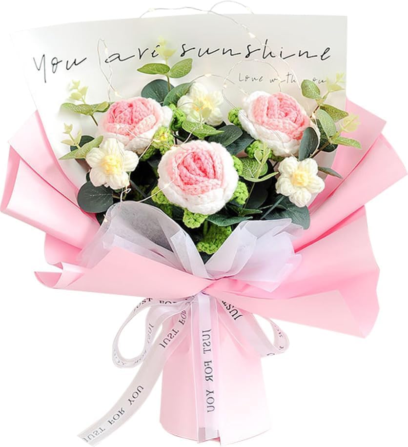 Handmade Knitted Bouquet, Completed Crochet Flowers Kit Fake Rose Daisy for Mother's Day Birthday Wedding Valentine's Day Gift and Home Decor(Pink)