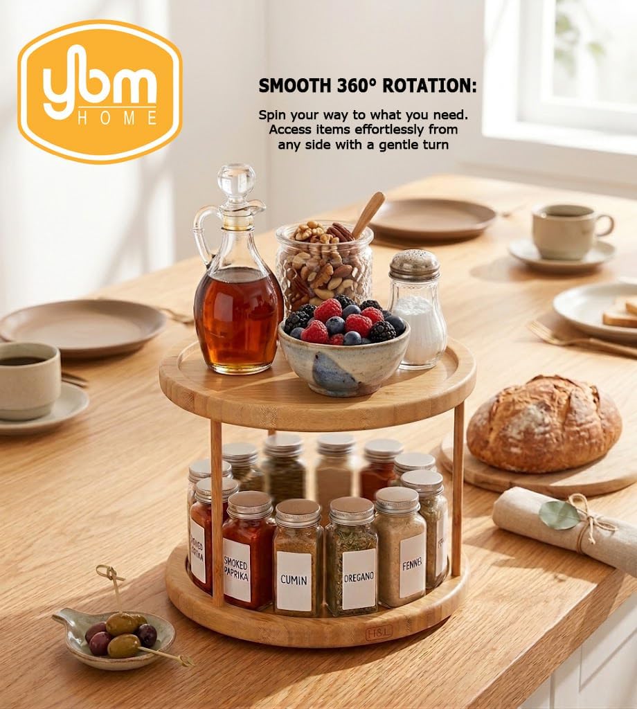 YBM Home Bamboo Wooden Non-Skid Spinner for Kitchen, Pantry, Fridge, Cupboards, or Counter Organizing, Fully Rotating Organizer