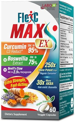 LABO Nutrition FlexC MAX EX con curcumina de cúrcuma C3 Reduct 95% de tetrahidrocurcuminoides, bioperina, extracto de boswellia y OptiMSM,