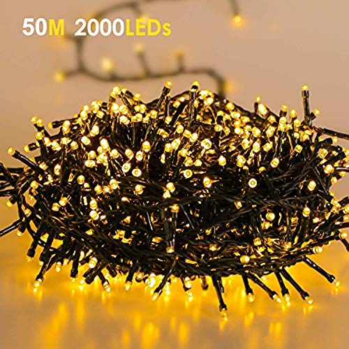 Guirnalda Luce de Navidad 2000Leds, Ulinek 50M Cadena de Luces Exterior Interior IP44 Impermeable 8 Modos Enchufe Luce de Hada LED Decoracion Habitación Casa Fiesta Jardín Boda, Blanco Cálido