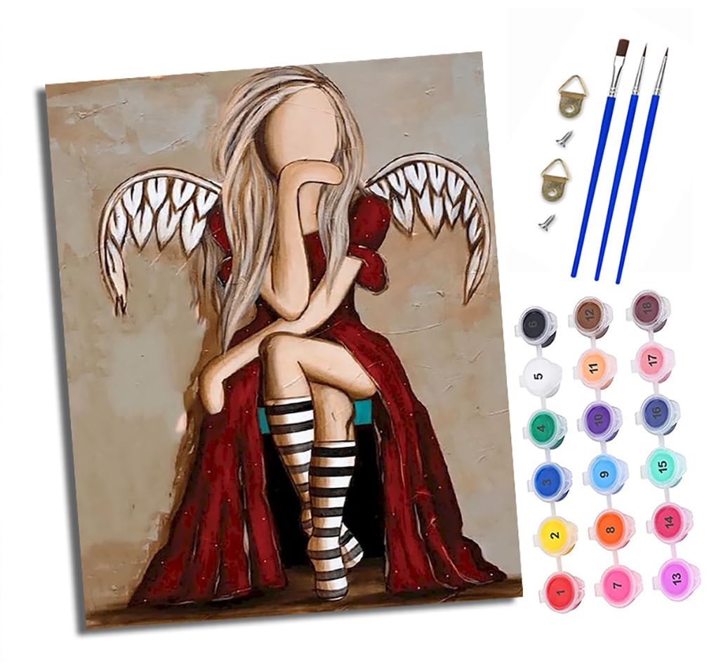 Xxhxie Women's Paint By Numbers For Adults Painting Kit For Adults Craft Art Painting Kit Acrylic Pigment Drawing Angel Faceless Girl Paintwork For Gift Home Wall Decor 16X20 Inch (With Frame)