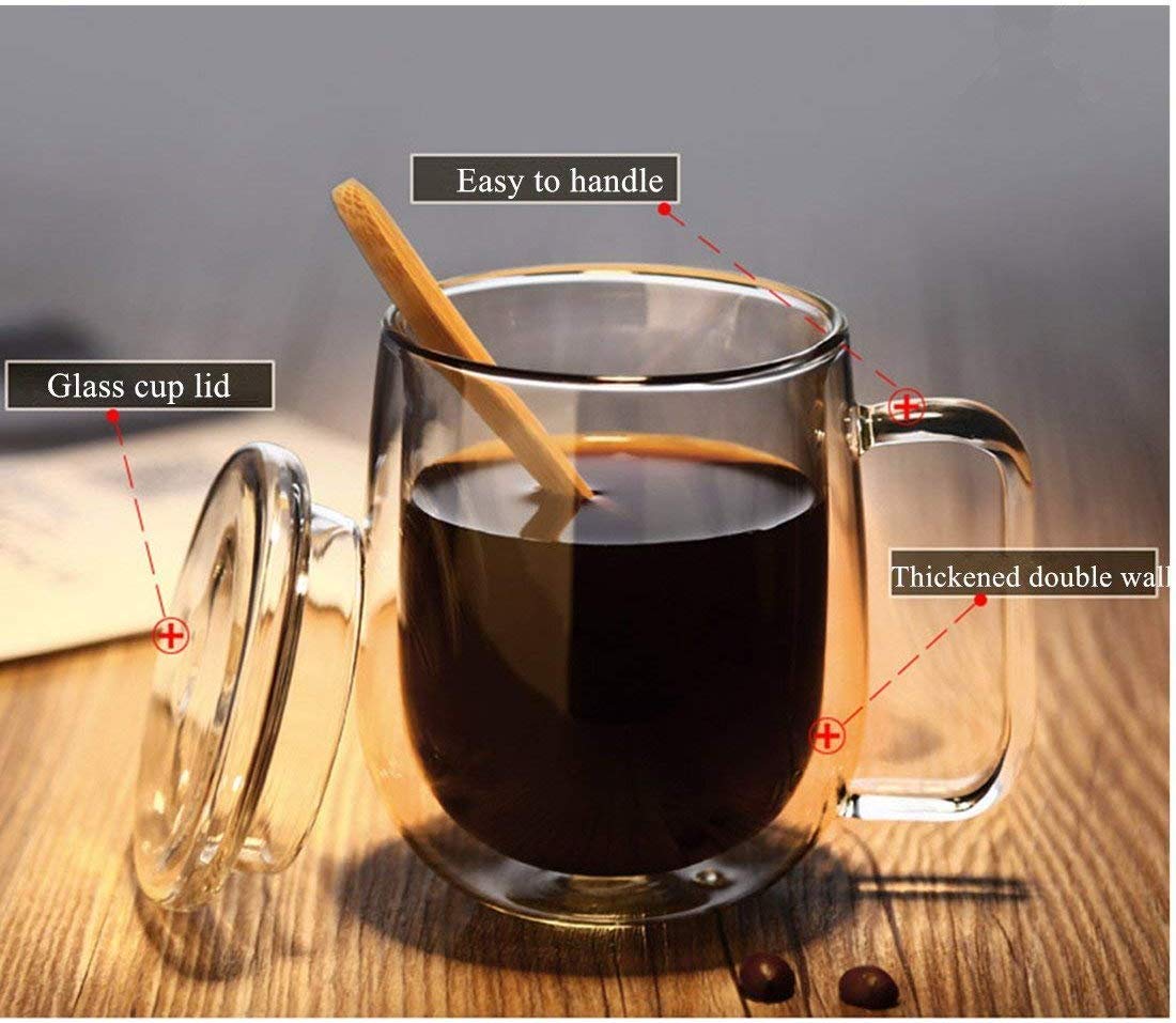 Baskety Glass Coffee Mugs - 250ml Double Walled Insulated Mug with Handle, Perfect for Latte, Americano, Cappuccinos, Tea Bag, Beverage. (Pack of 2) 1