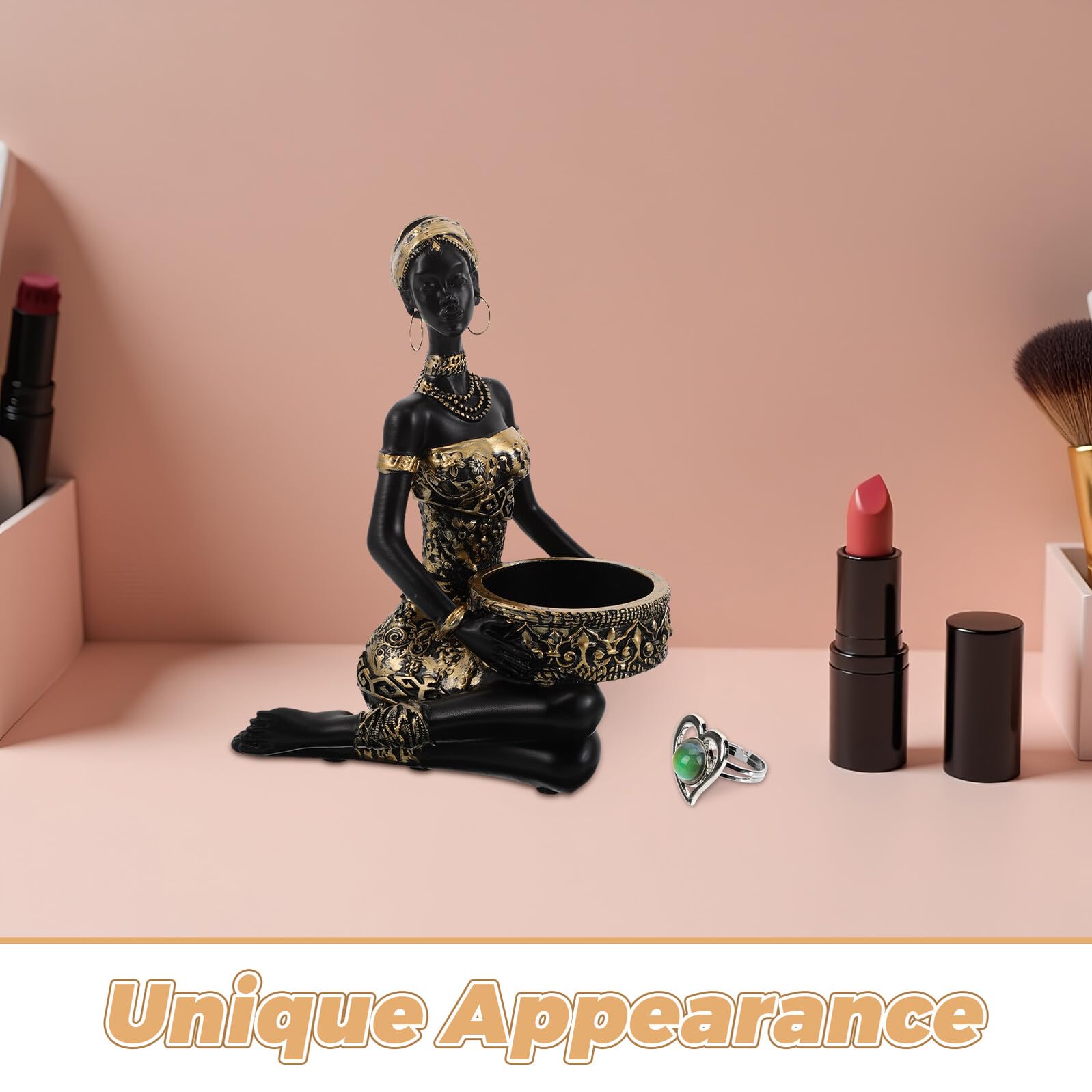TOYANDONA Bandeja para Joyas y Organizador de Tocador de Resina Figura de Mujer Africana, Soporte Decorativo para Accesorios y Pendientes, Bandeja Pequeña para Almacenamiento en Hogar