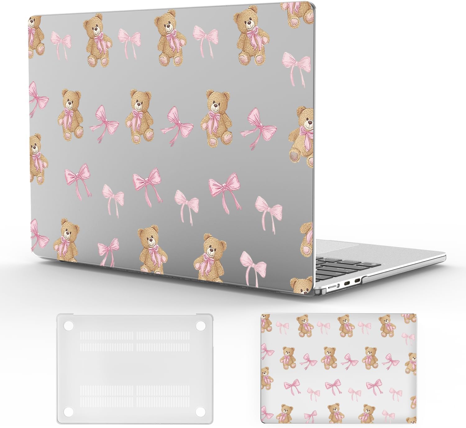 Pink Bow Bear Print Case for MacBook Air 13 Inch Case 2022 2021 2020 2019 2018 Cute Kawaii Girly Design Plastic Hard Shell Touch Id A1932 A2179 M1 A2337 Funny Pattern Slim Protective Case