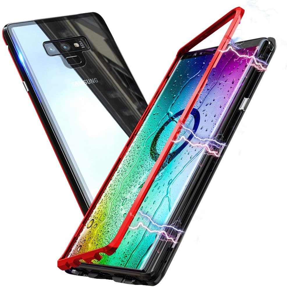 Magnetic Adsorption Case for Galaxy Note 9,Clear Tempered Glass Hard Back Cover [Built-in Magnets Metal Bumper Frame],360° Protection Ultra Slim Phone Case for Samsung Galaxy Note 9 6.4''[Red&Black]