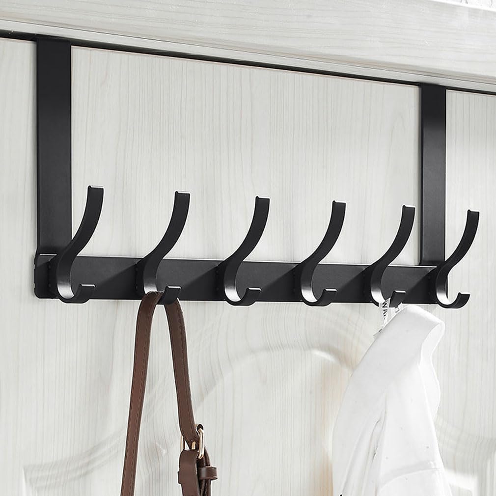 HUIBOHOU Over Door Hooks, Heavy Duty Aluminum Over Door Hanger, 6 Hooks for Coats Hats, Bags, Clothes, Towels (Black) - Image 2