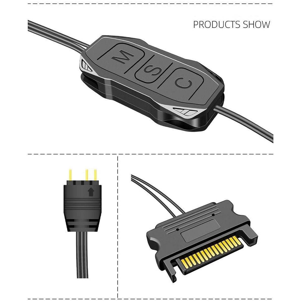 Kontroler ARGB 5V 3-pinowy Zasilacz SATA ARGB Light Stripe Remote Controller, ARGB PC Fans Kit Controller for PC Rainbow LED Strip, Komputerowe Wentylatory ARGB (BLACK)