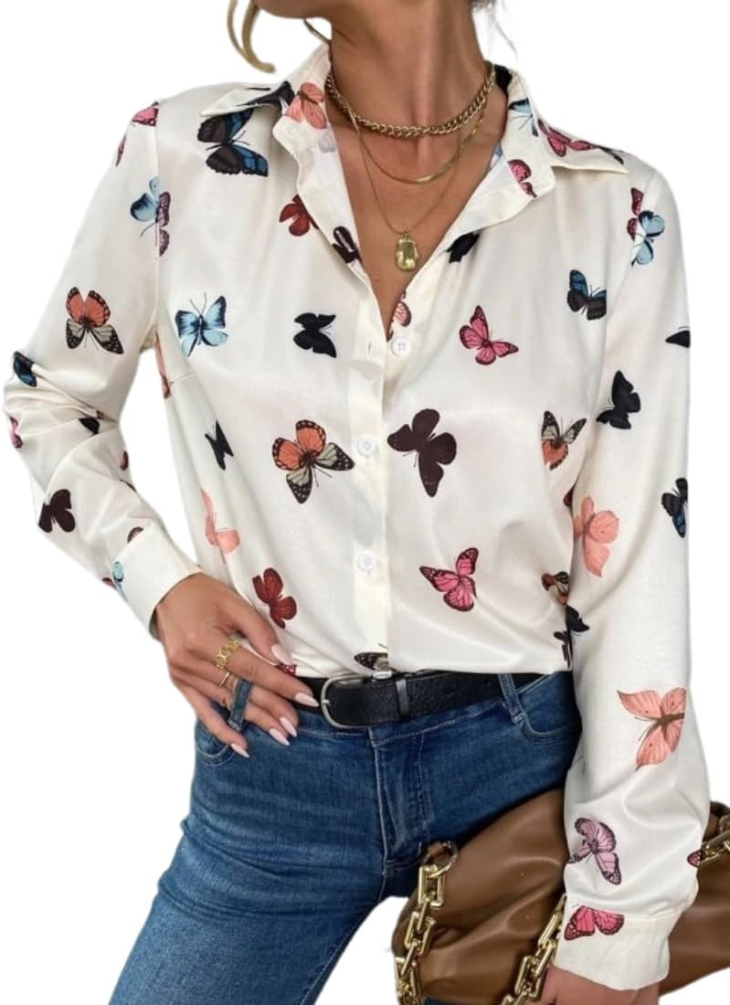 Women's Butterfly Print Shirts Tops Long Sleeve Lapel Button Down Blouse Summer Casual Fitted Womens Casual Tops