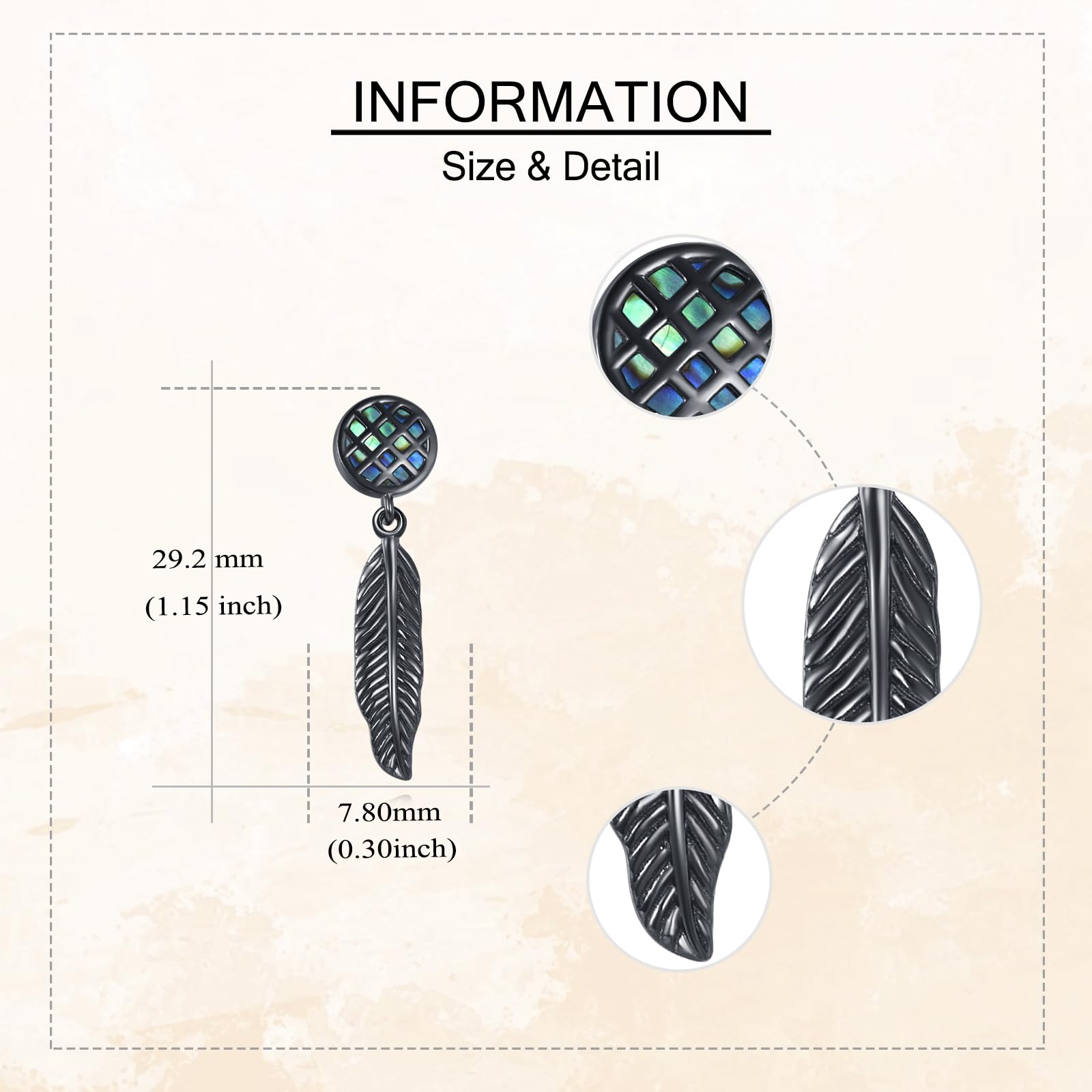 YAFEINI Pendientes de pluma negra de plata de ley 925 con concha de abulón, pendientes colgantes bohemios, regalo para mujeres y hombres, accesorios punk