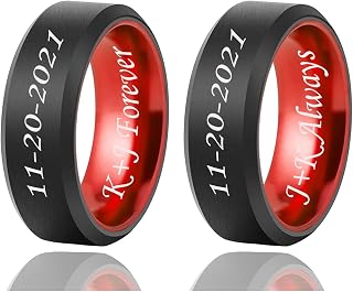 MZZJ Personalized Engraved Couple Rings for Boyfriend Girlfriend His Hers Wedding Ring Set 8MM Brushed Two-Tone Stainless Steel Bevel Edges Engagement Promise Rings for Men Women,Size 6-12