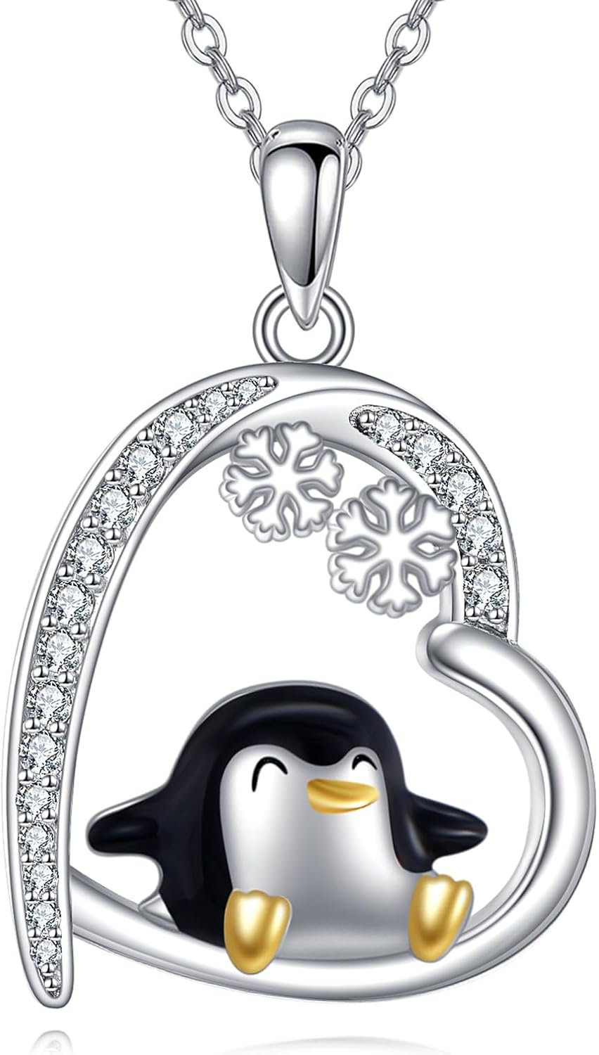VONALA Christmas Penguin Necklace for Women 925 Sterling Silver Heart Pendant Snowflake Jewelry Birthday Gifts for Her