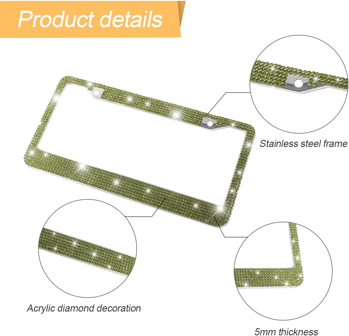 YALOK Rhinestone Stainless Steel Car License Plate Frame, Light Green image 3