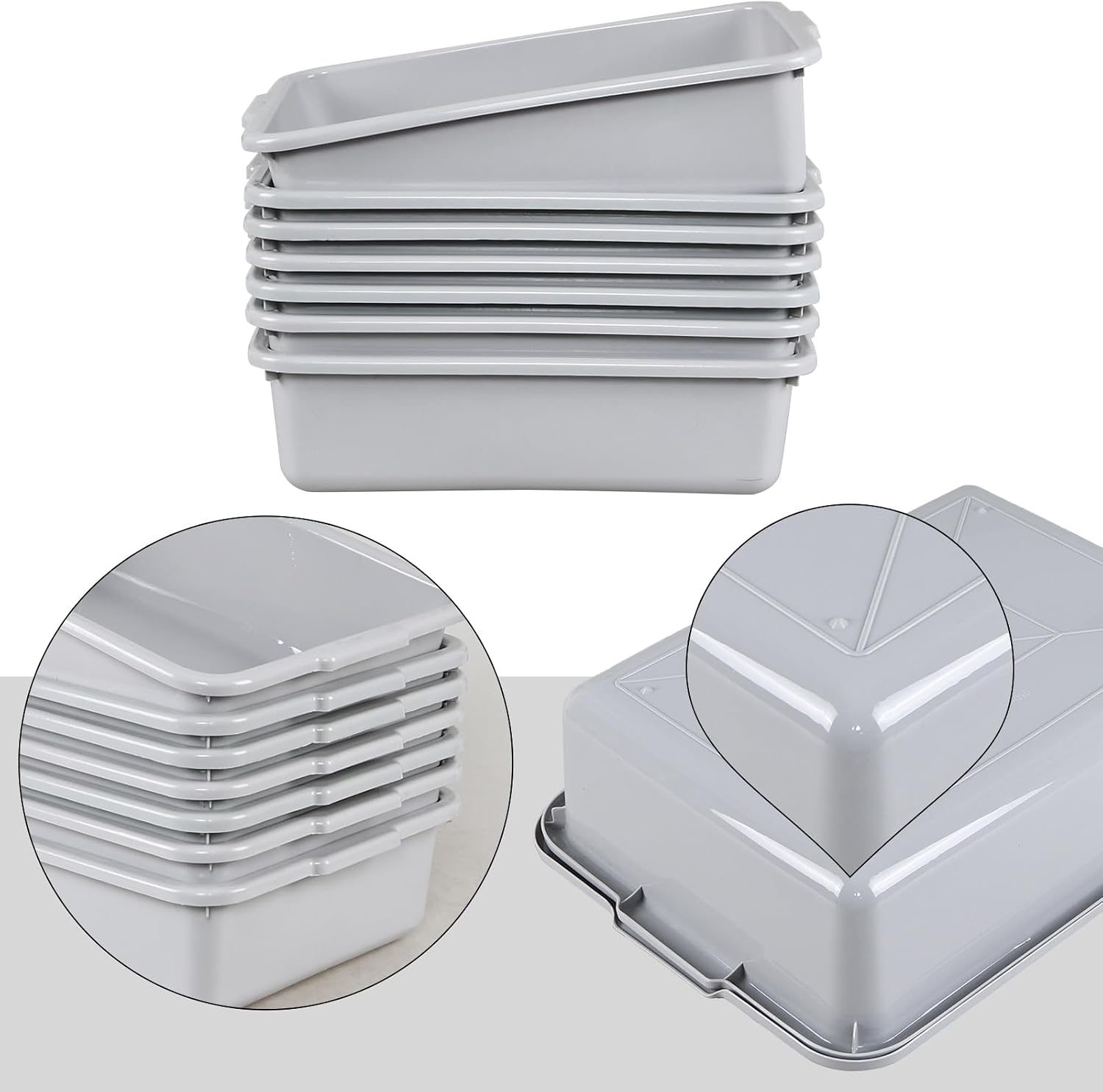 12-pack 13 L Bus Box with Lid, Restaurant Bus Tubs/Plastic Dish Tub, Light Gray