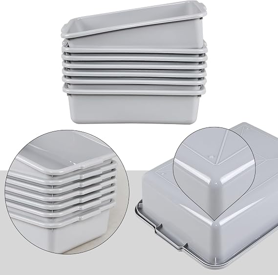 12-pack 13 L Bus Box with Lid, Restaurant Bus Tubs/Plastic Dish Tub, Light Gray