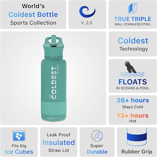 Miniatura 41 de Coldest - Botella de agua deportiva con tapa con popote y asa, a prueba de fugas, de acero inoxidable con aislamiento al vacío de doble pared,