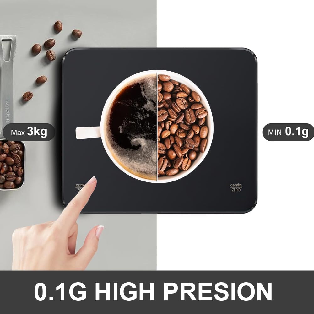 OBEST Mini Coffee Scale with Timer, Portable Kitchen Food Scale with Invisible Screen Rechargeable Digital Coffee Scale Espresso Scale with Timer 3kg/0.1g Precision Scale Black