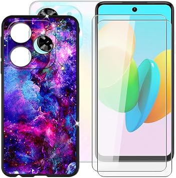 Case for Tecno Spark 20C 6.60 Inches + 2 Pack HD Tempered Glass Phone Case Cover Soft Silicone Black TPU Protective Bumper   Starry Night