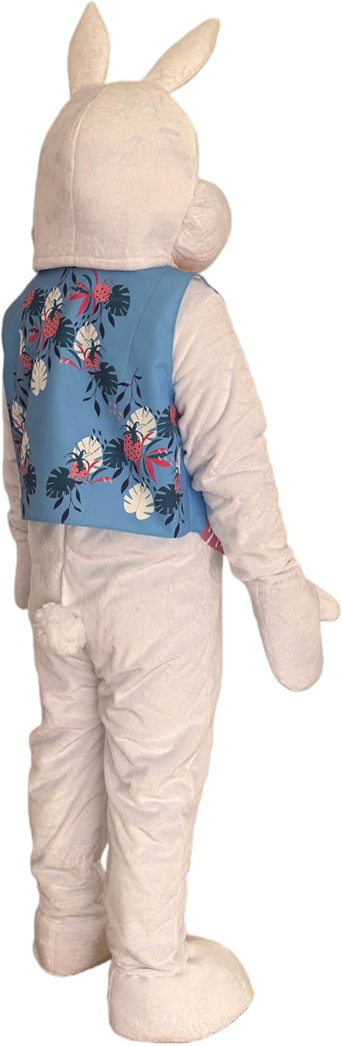 Easter Bunny Mascot Costume with Colorful Patchwork Vest, Yellow Bow Tie, Pink Ears, Adult Size Full Body Character Suit