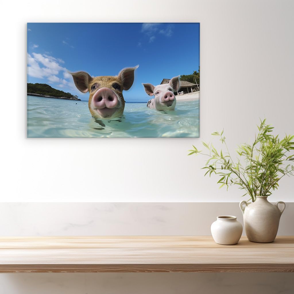 Canvas for Living room. Swimming Snouts: Pigs Take to the Sea in Idyllic Coastal Escape, 27 x 18 inch Canvas Wall Art - Modern Home Decor