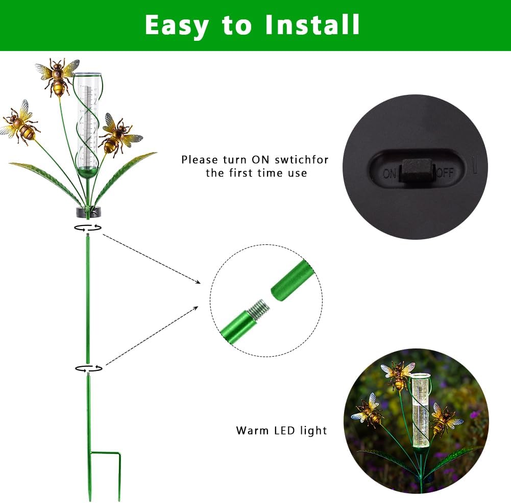 Solar Rain Gauge with 7-Inch Plastic Tube, Bee Rain Gauge Outdoor-Decorative Rain Water Gauges Garden Stake for Yard, Lawn, Patio