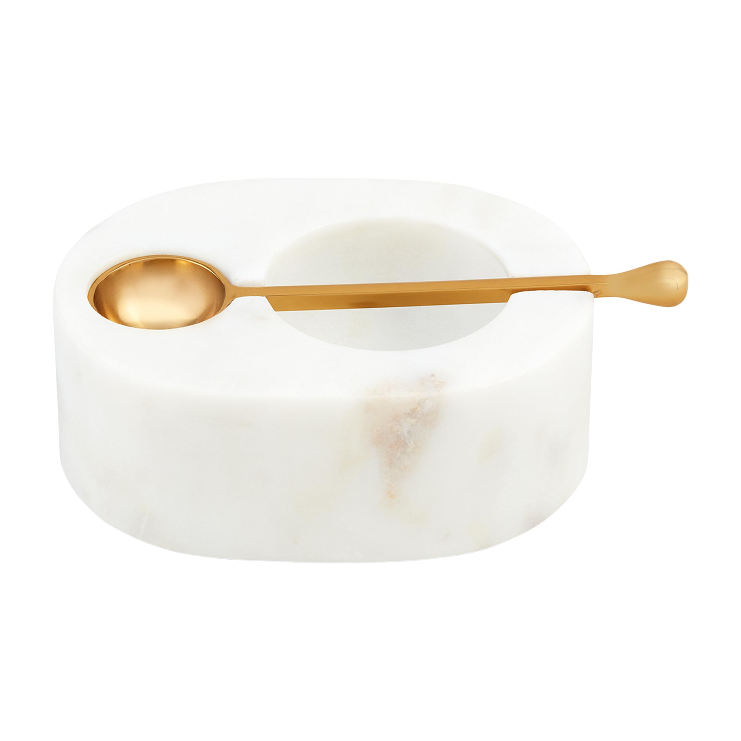 Mud Pie White Marble Salt Cellar; cellar 1 1/2" x 4" | spoon 5"