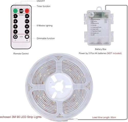 Miniatura 7 de echosari Tira de luces LED alimentadas por pilas, 90 luces LED rojas 2835 SMD de 9.8 pies, tira de luces autoadhesivas cortables con temporizador