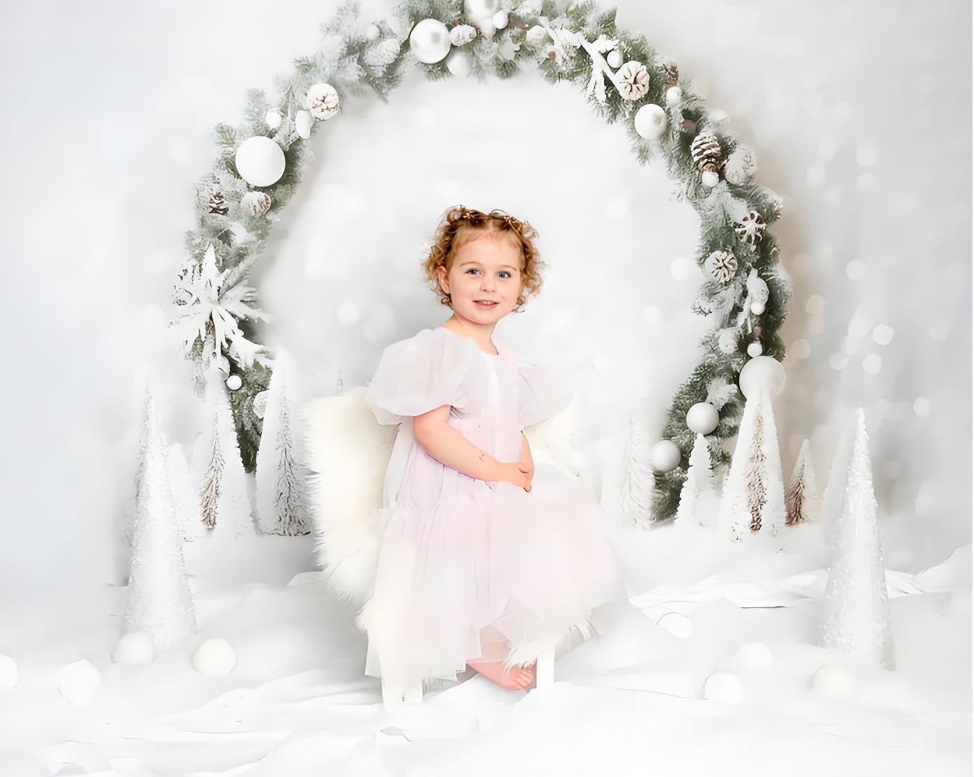 Kate Fond de Photographie de Noël 2,5 x 2,5 m/8 x 8 Pieds Hiver Blanc Noël Neige Vert Arc Bokeh Néon Toile de Fond pour Accessoires de Photographie Portrait d'enfant Photocall