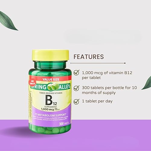 Miniatura 4 de Vitamina B12 Spriing Vallley Comprimidos de liberación temporal Suplemento dietético 1,000 Mcg, 300 unidades