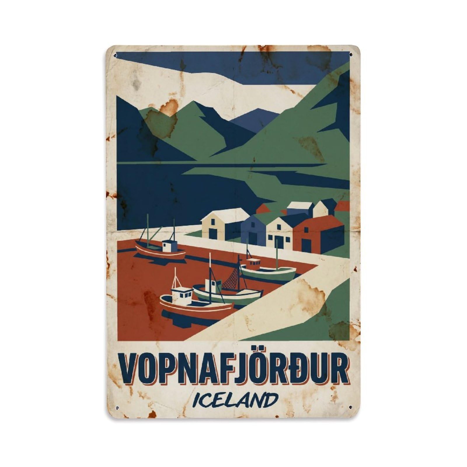 Vintage Travel Vopnafjordur Iceland Fjord Metal Tin Sign
