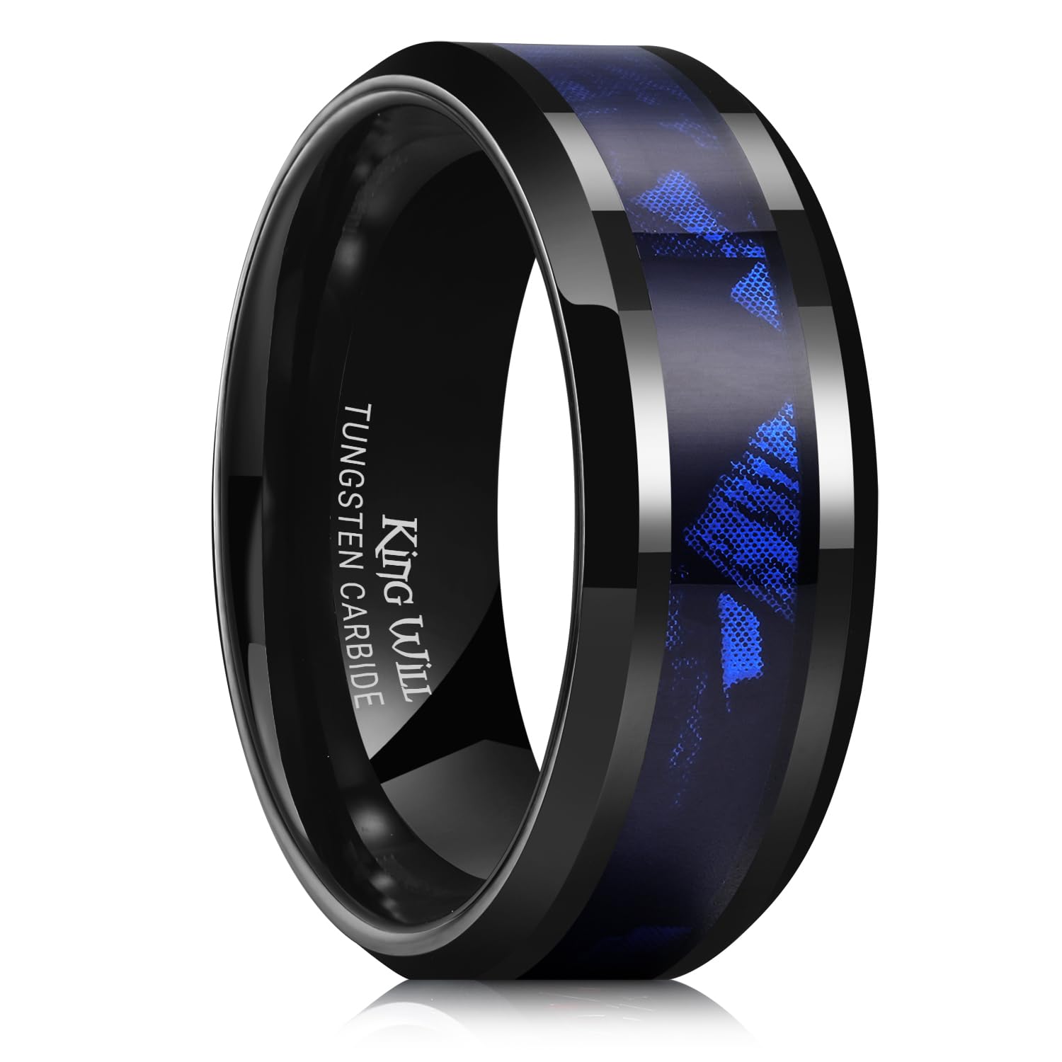 Black Tungsten Wedding Band For Men, 8mm Promise Ring Inlay Red Twill Pattern/Colorful Wood Chips, High Polished Beveled Edge - Suitable For Daily Wear, Comfort Fit Size 7-14
