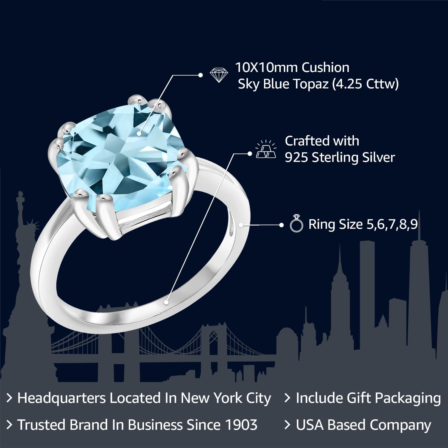 Gem Stone King 3-5 Cttw Gemstone Birthstone Double Prong Solitaire Ring for Women | 925 Sterling Silver | 10MM Cushion | Fine Wedding Anniversary Engagement Promise Ring | Available in Sizes 5-9
