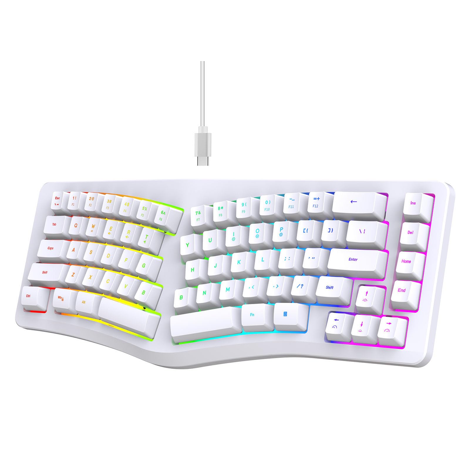 SUNGOOYUE Tastiera Ergonomica J70 a 69 Tasti, Tastiera Cablata USB con Layout Diviso Retroilluminato RGB con 18 modalità di Illuminazione e Digitazione Silenziosa, per PC Mac Office Home (WHITE)