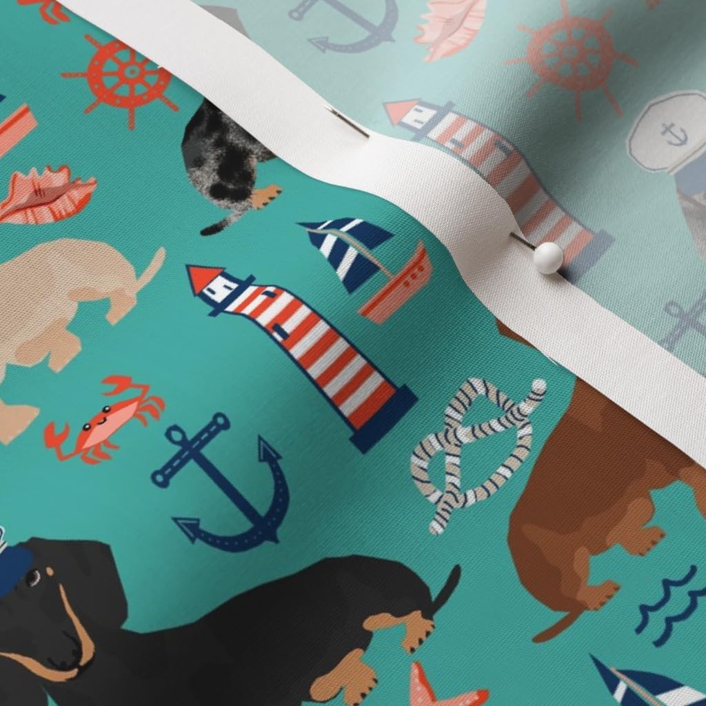 Spoonflower Fabric - Dachshund Dog Nautical Summer Turquoise Dogs Anchors Pet Portrait Printed on Cotton Poplin Fabric by The Yard - Sewing Shirting Quilting Dresses Apparel Crafts