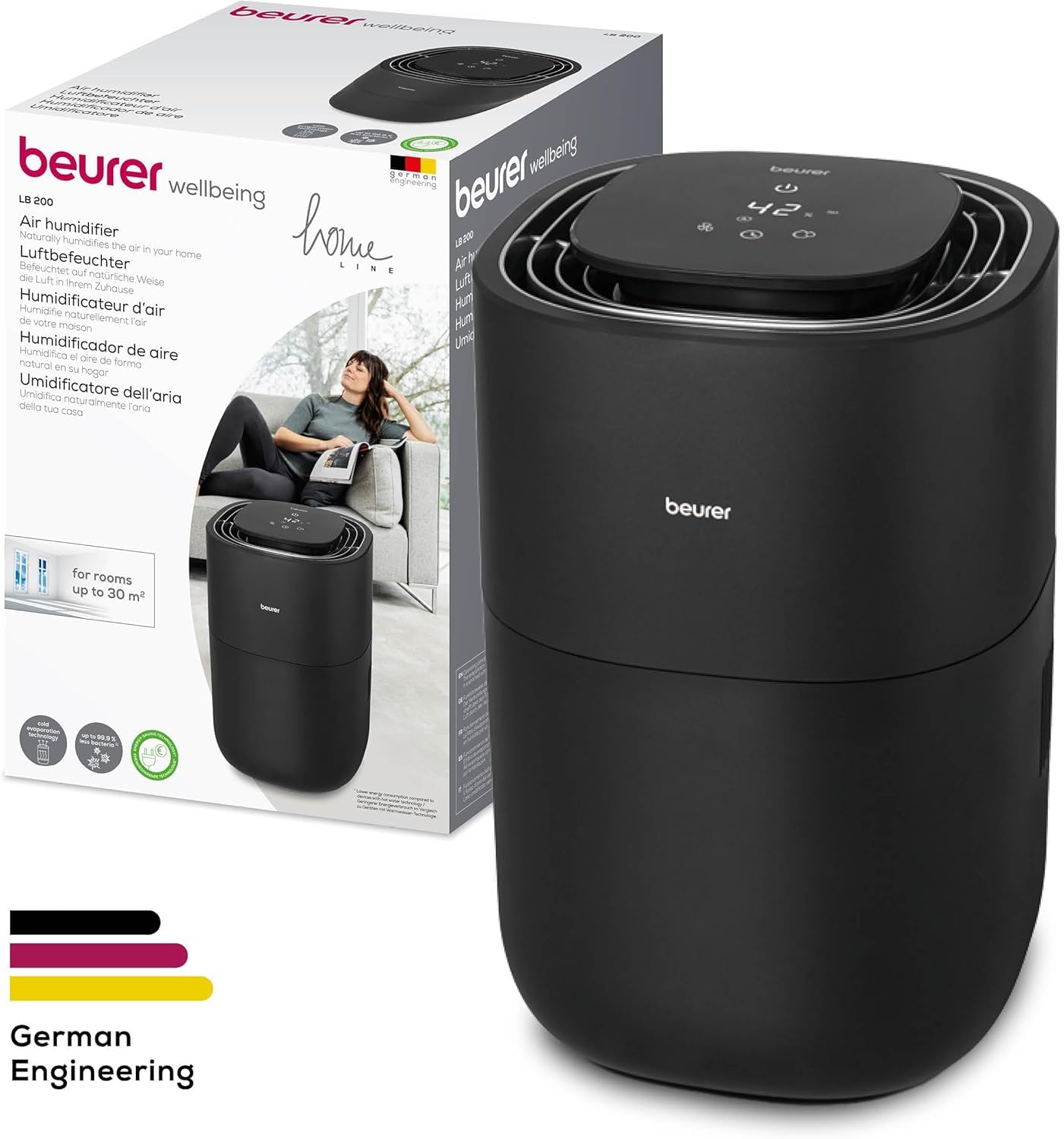 BEURER Umidificatore LB 200 Tecnologia di Evaporazione a Freddo in 3 Livelli ad Alta Efficienza Energetica, Umidificazione Igienica dell'Aria, Asciugatura del Filtro, per Ambienti fino a Circa 30 m²