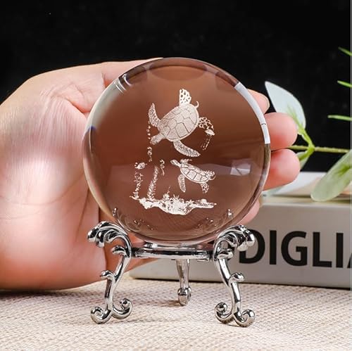 vskikris Sfera di cristallo da 60 mm 3D Laser Tartarughe Madre Figlio Figurine – Fermacarte in vetro e sfera decorativa con supporto – Ornamenti a sfera in vetro per la casa e l'ufficio, regali per