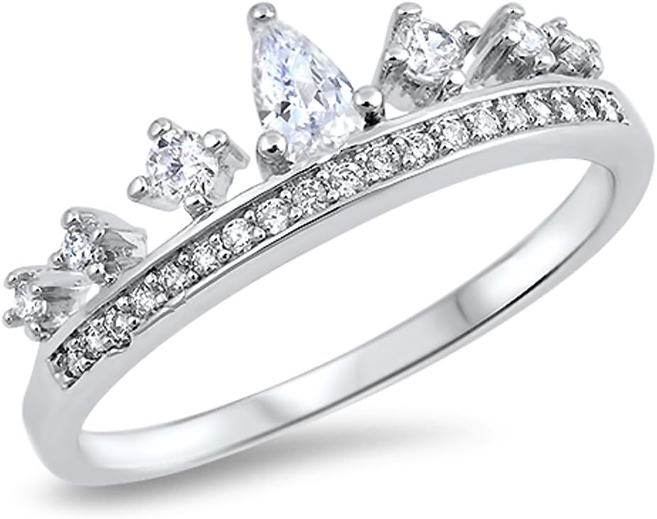 White CZ Teardrop Tiara Princess Crown Ring .925 Sterling Silver Band Sizes 5-10