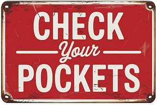 Vintage Red Check Your Pockets Metal Sign Print Aesthetic Room Decoration for Home Bedroom Kitchen Bar Dorm Bathroom Wall Decor 8 X 12 Inch