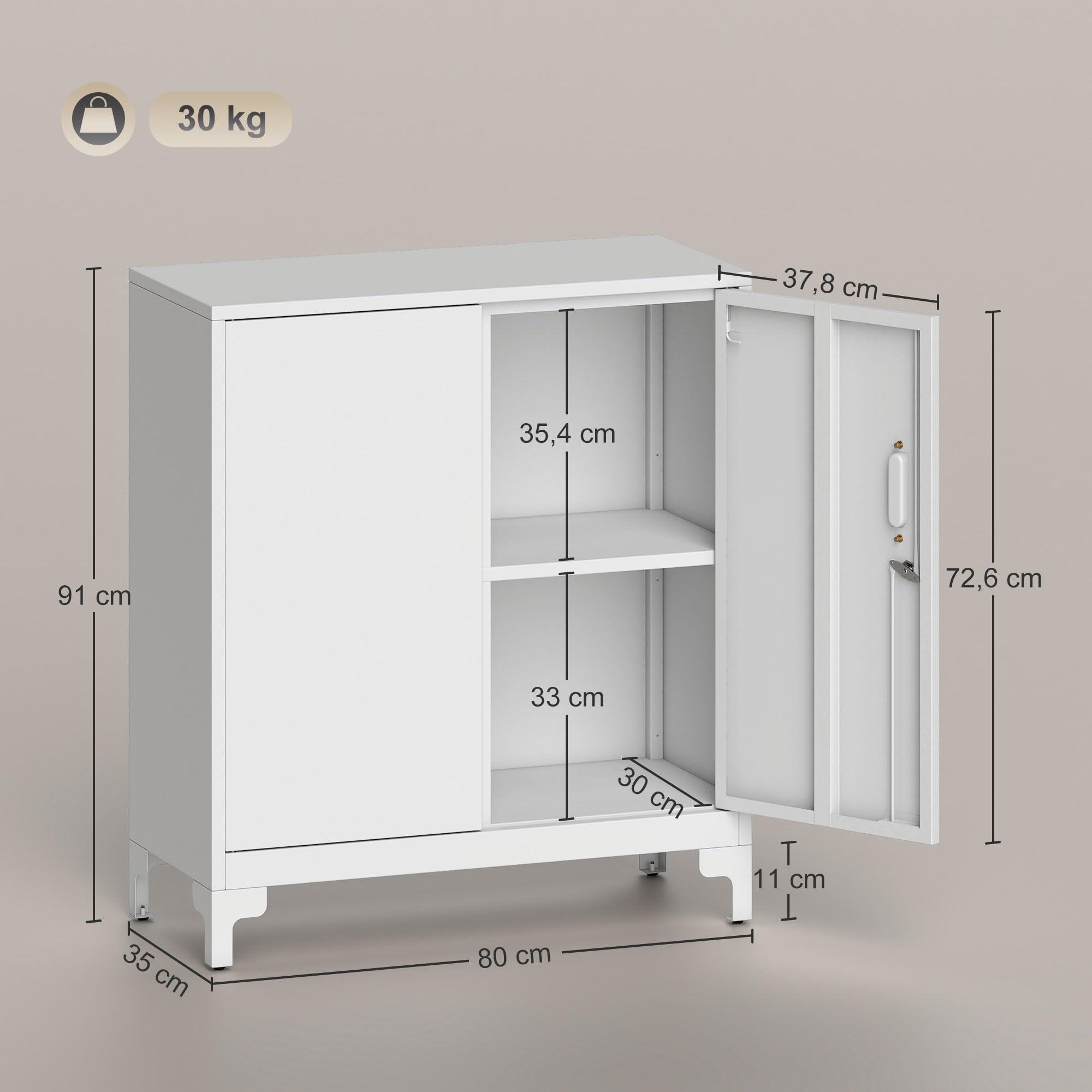 HOMCOM Aktenschrank Büroschrank Abschließbar Mehrzweckschrank mit 2 Ebenen, 2 Türen, Metallschrank Aufbewahrungsschrank Allzweckschrank 80 x 35 x 91 cm Weiß