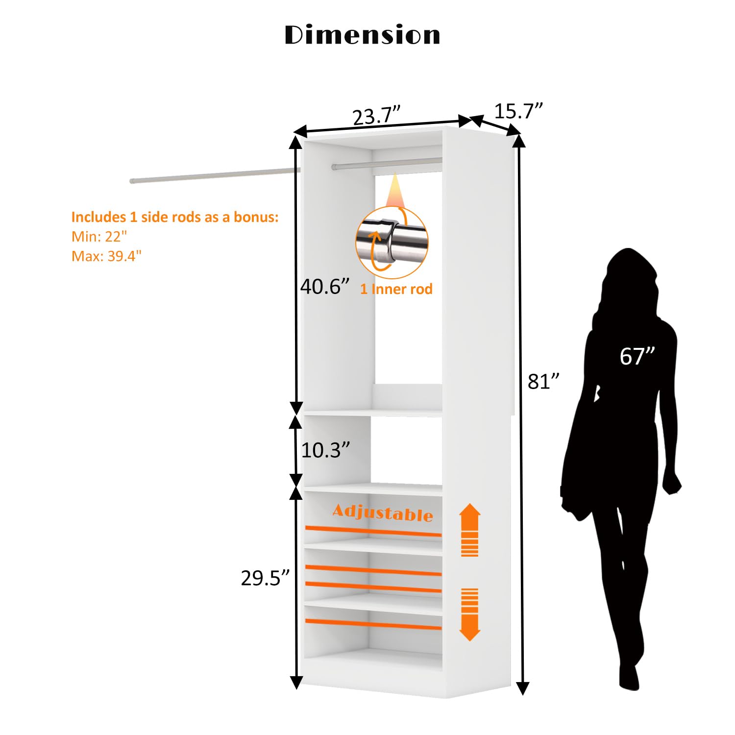 Closet System with Shelves, 2FT Wood Closet Organizer System Walk-in Closet Standalone Storage Shelf with Hanging Rods Freestanding White (2FT)