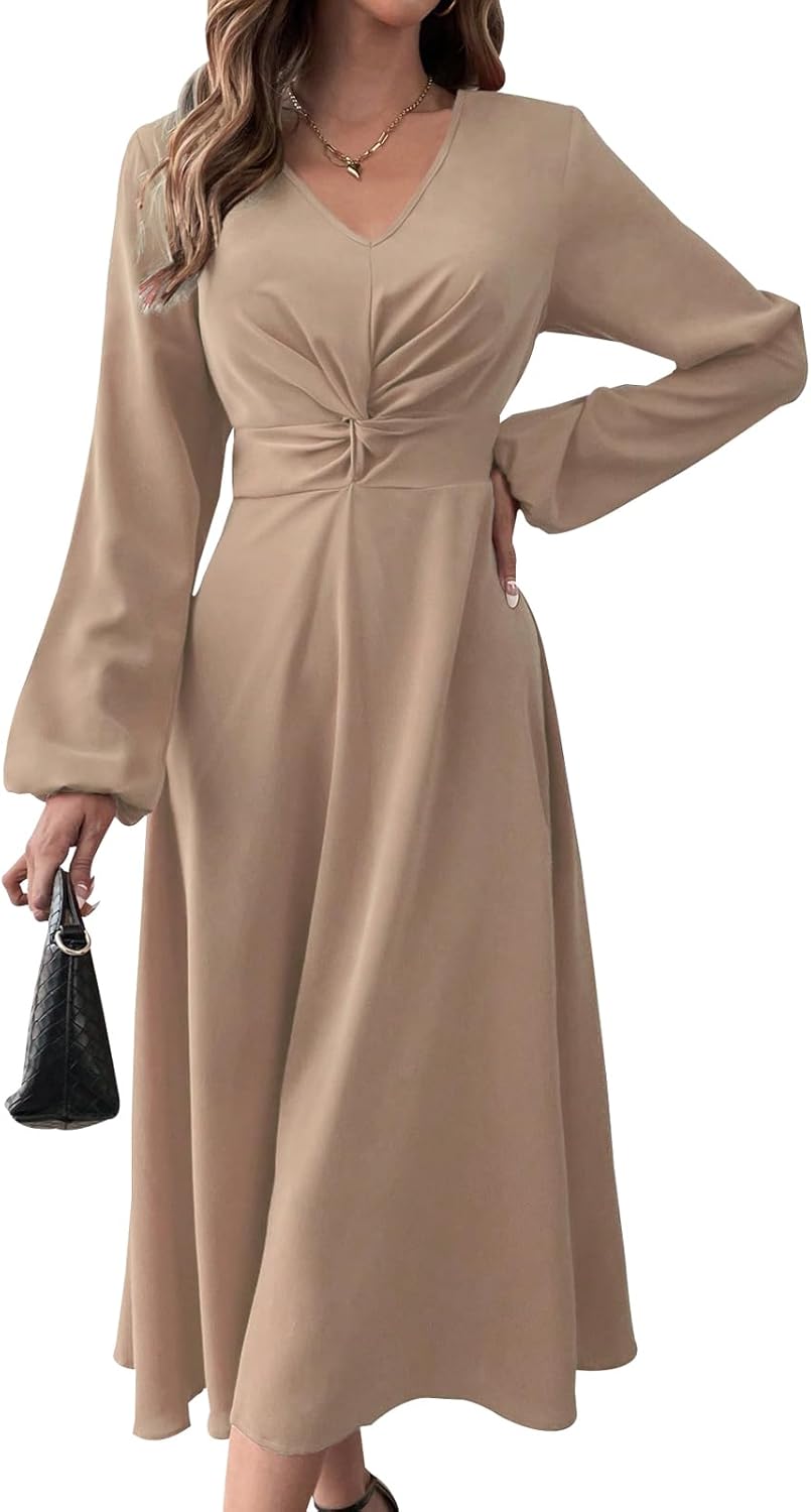 LalaLin Women's Long Sleeve Maxi Dress V-Neck Wedding Guest Cocktail Church Dresses Khaki - Image 2