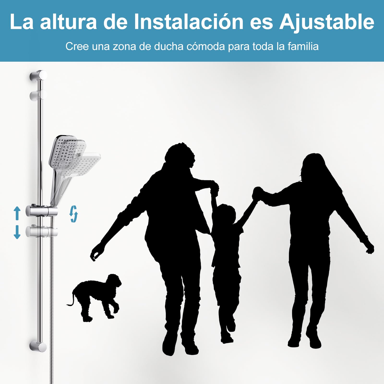 OFFO Conjunto Soporte Ducha, Barra de Ducha de 90 cm de Acero Inoxidable con Manguera de 1.6 m, Alcachofa de Mano (3 Modos, 120 mm), Duchas de Baño Columna Ducha sin Grifo, Cromo