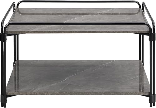 Miniatura 6 de FERFALDER Mesa de centro de mármol mesa cuadrada para sala de estar mesa de té de alto brillo con patas de metal negro para comedor oficina gris