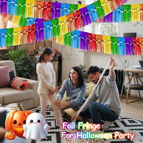 Image of 4 Pack 39Ft Feet Colorful Foil Fringe Garland Rainbow Tinsel Streamers Banner Fringe Curtain Banner for Parade Floats Graduation Homecoming Carnival Birthday Pride Party Decor (Rainbow)