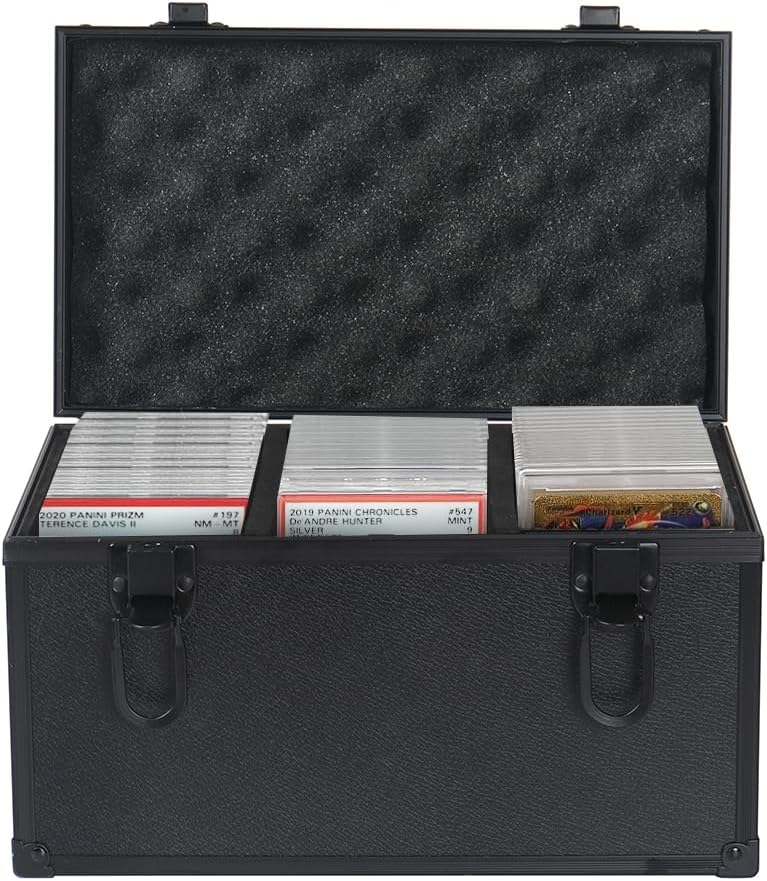 Large Trading Card Storage Box Holds 300+ Cards, Adjustable Dividers, Acid-Free & Durable Plastic, Secure Organizer for Sports, and Collectible Cards with 3 Sponge partition