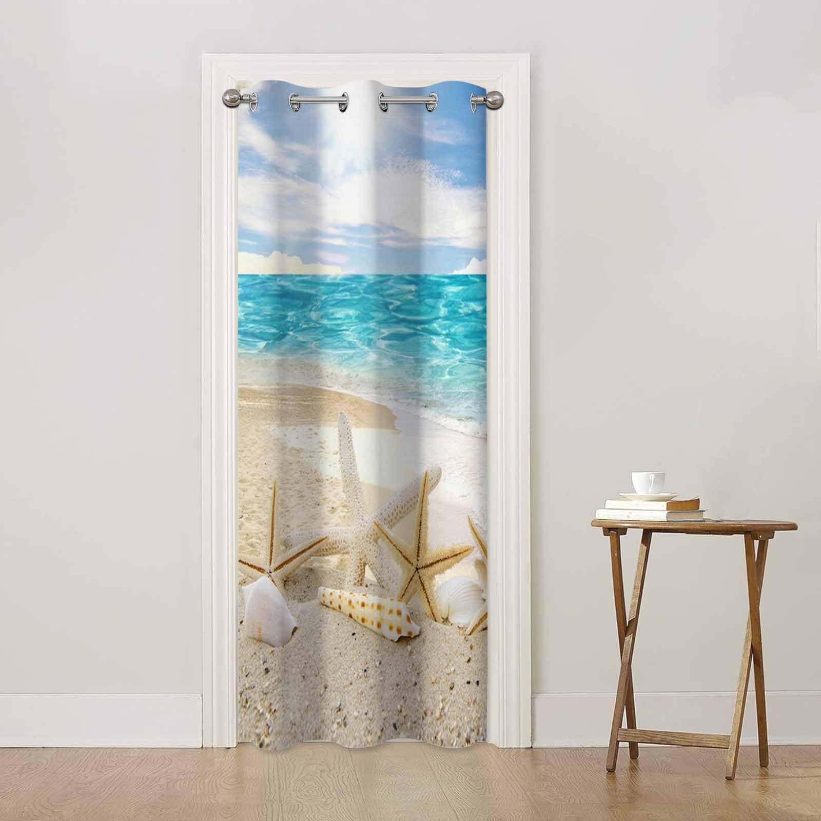 Haciadan Beach Doorway Curtain Starfish Shells Blue White Sky Door Cover Curtain Books Closet Curtain Bedroom Living Room Closet, 1 Panel 34" W X 80"