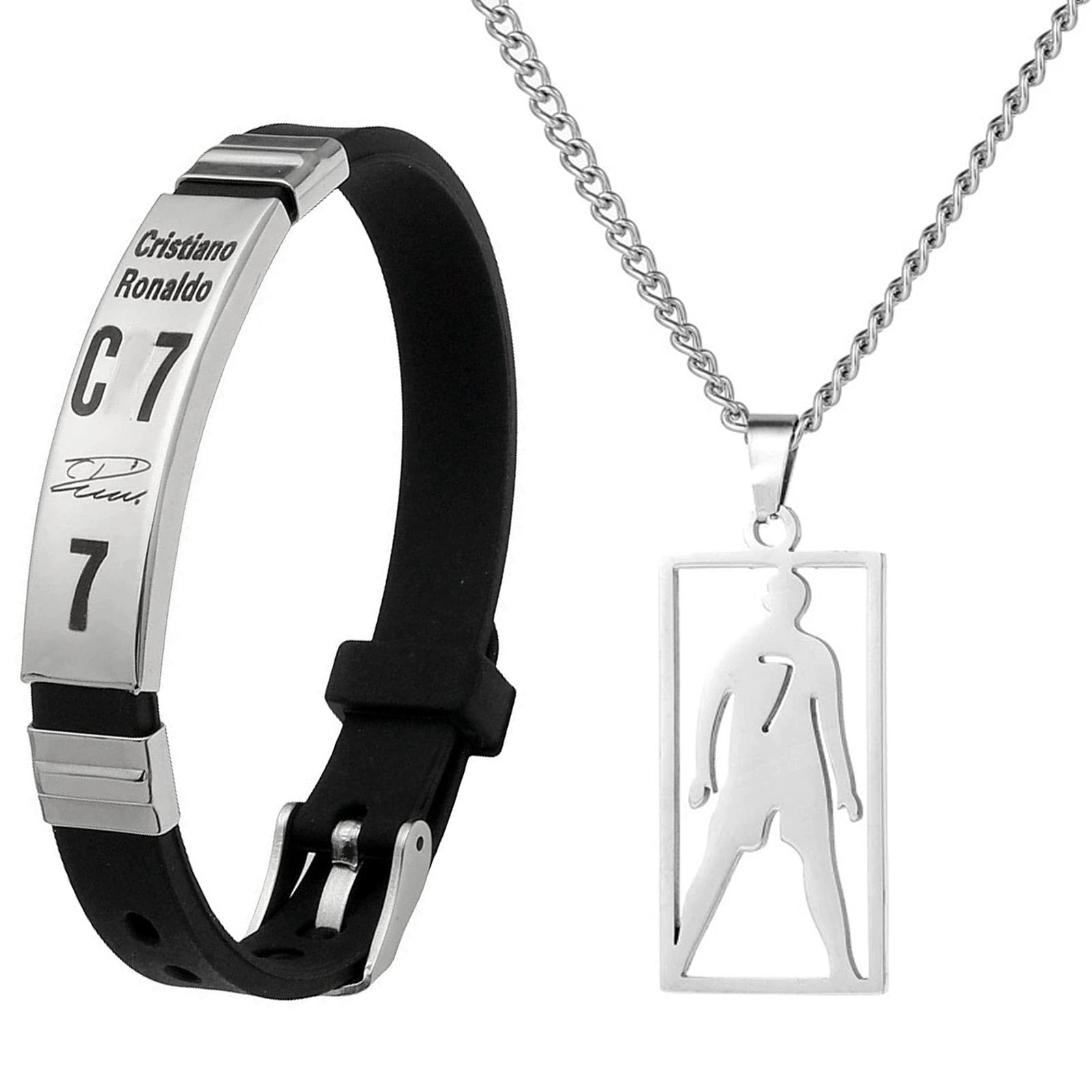 Juego de collar de fútbol de acero inoxidable ajustable y pulsera de silicona para hombres